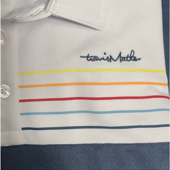 Travis Mathew Polo Shirt Mens Medium White Rainbow Striped Golf Performance - Picture 5 of 8